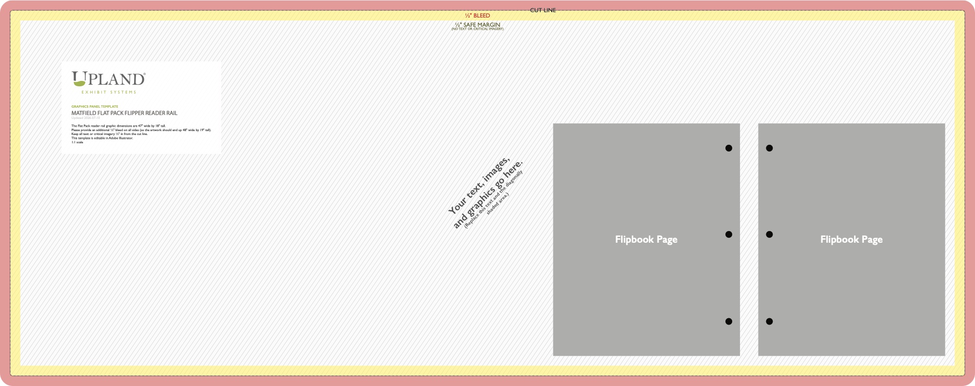 Flat pack reader rail graphics template — 47 by 18 inch panel with flipbook page zones