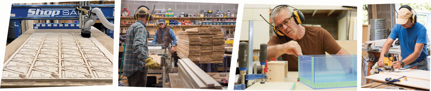 Exhibit fabrication at Upland — CNC work, milling, vitrine assembly, and sawing in the shop
