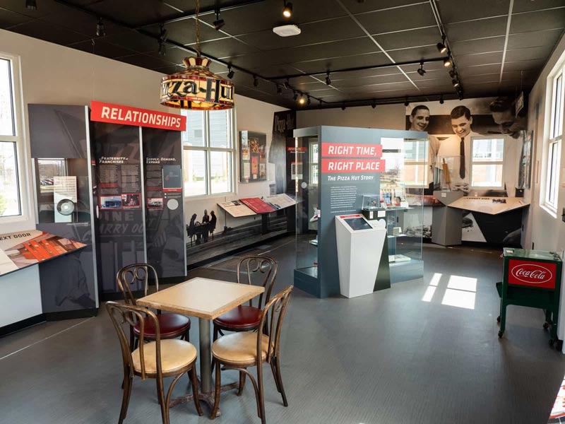 Main display case in the Pizza Hut Museum at Wichita State University in Wichita, Kansas.
