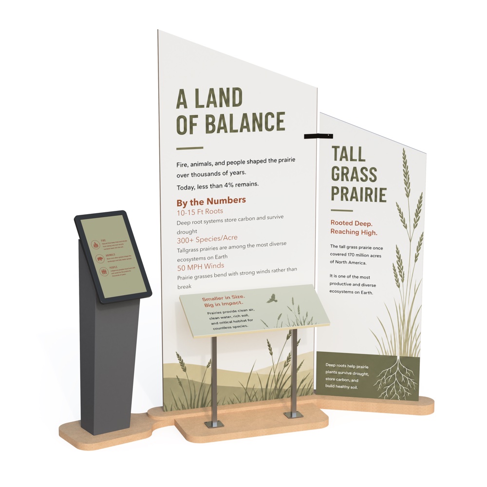Upland Montera modular exhibit framework with printed prairie interpretive graphics and touchscreen kiosk