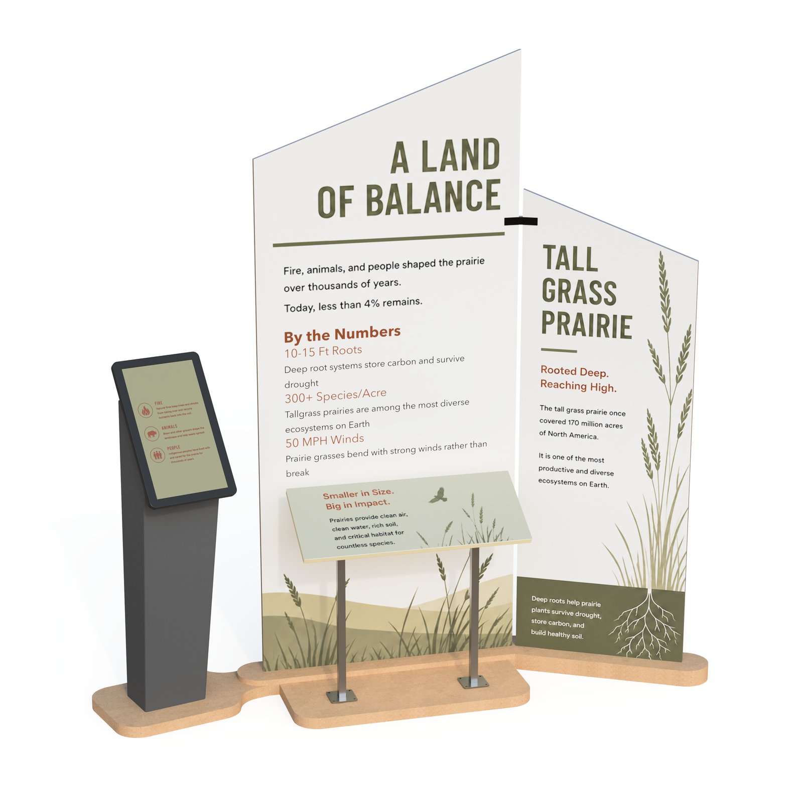 Upland Montera modular exhibit framework with printed prairie interpretive graphics and touchscreen kiosk