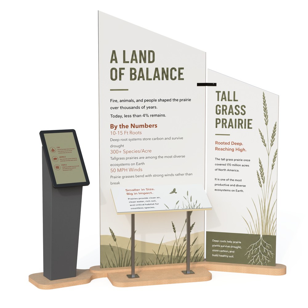 Upland Montera modular exhibit framework with printed prairie interpretive graphics and touchscreen kiosk