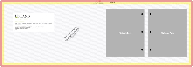 Pedestal rail body panel template with page-protector flipbook zones — 45 by 15 inch panel