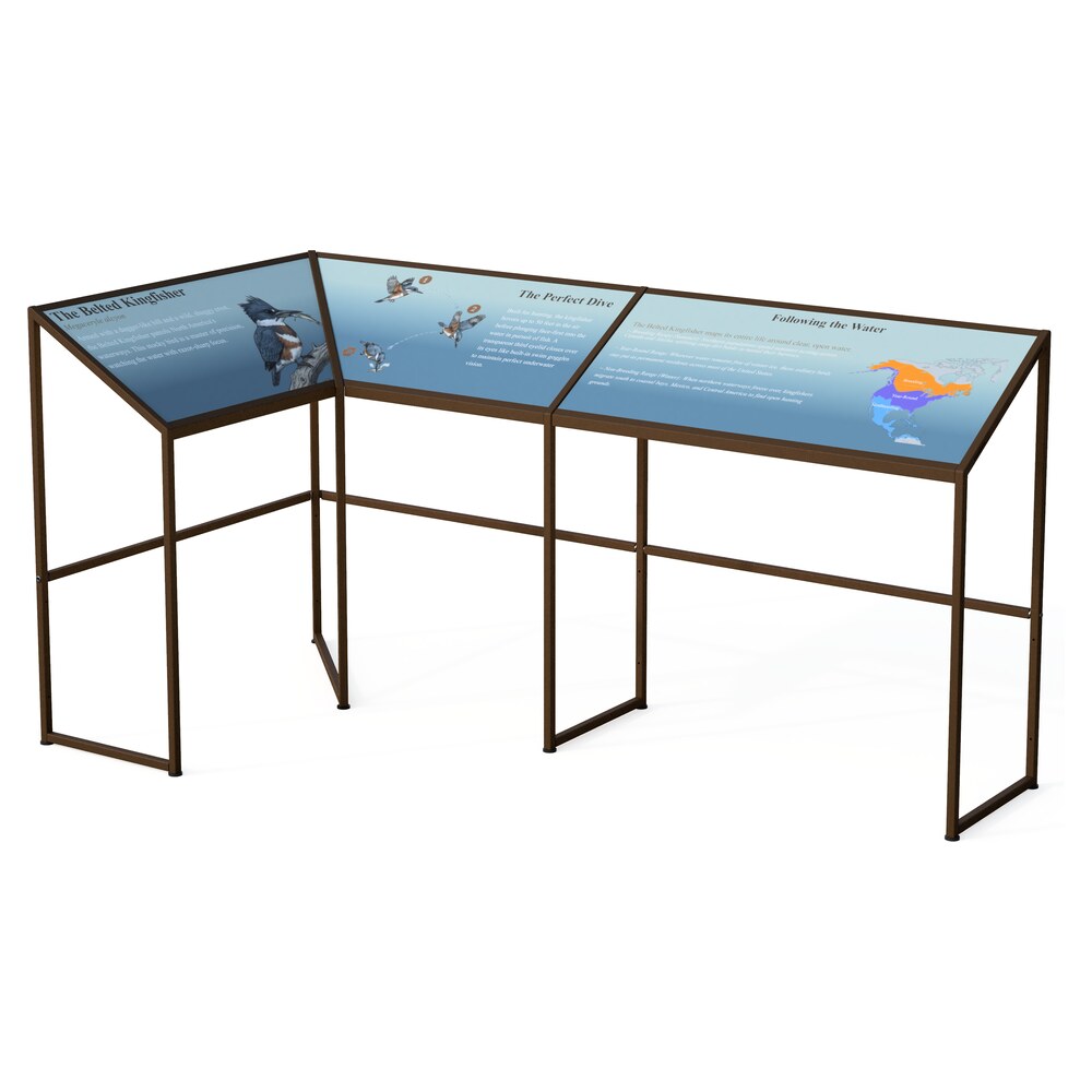 Upland Ridgeline modular reader rail with powder-coated steel frame and printed kingfisher interpretive graphics