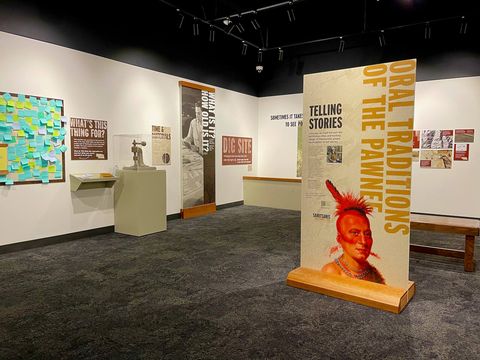 Hardwood sign base holding a wide double-sided panel in the Nebraska Archeology exhibit