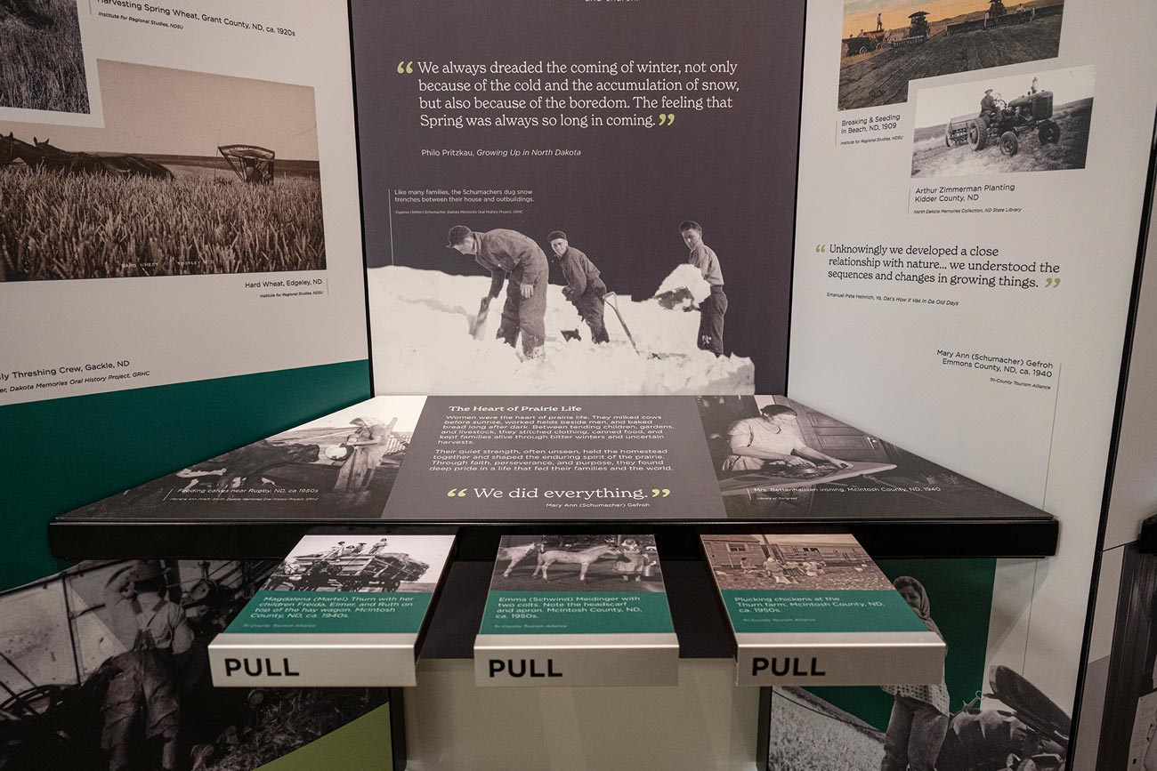 An interactive rail with pull-out drawers of firsthand accounts