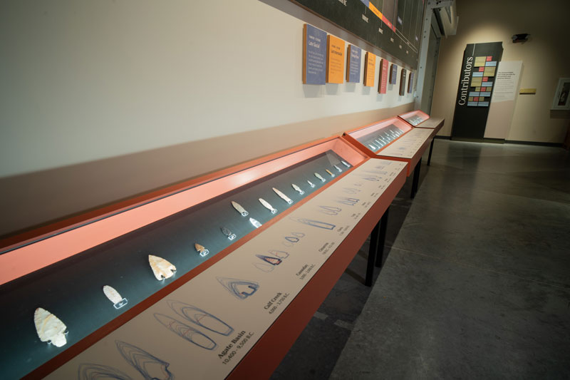 The exhibit features three cases lining a wall of the exhibit. The cases feature a shelf for collectors to bring their own artifacts to match and classify spear and arrow points.