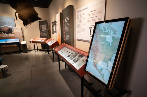 Interactive touchscreen where visitors can see the the locations of Quiviran imports and exports.